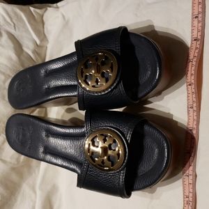 Tory Burch Selma Navy Blue leather wedge sandals, size 9.5